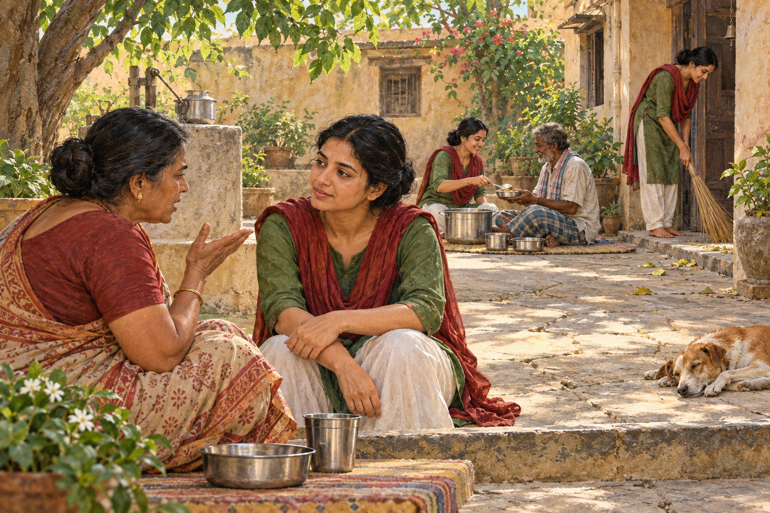 A practitioner listens calmly to an upset relative in a courtyard, with scenes of sharing food and sweeping nearby.