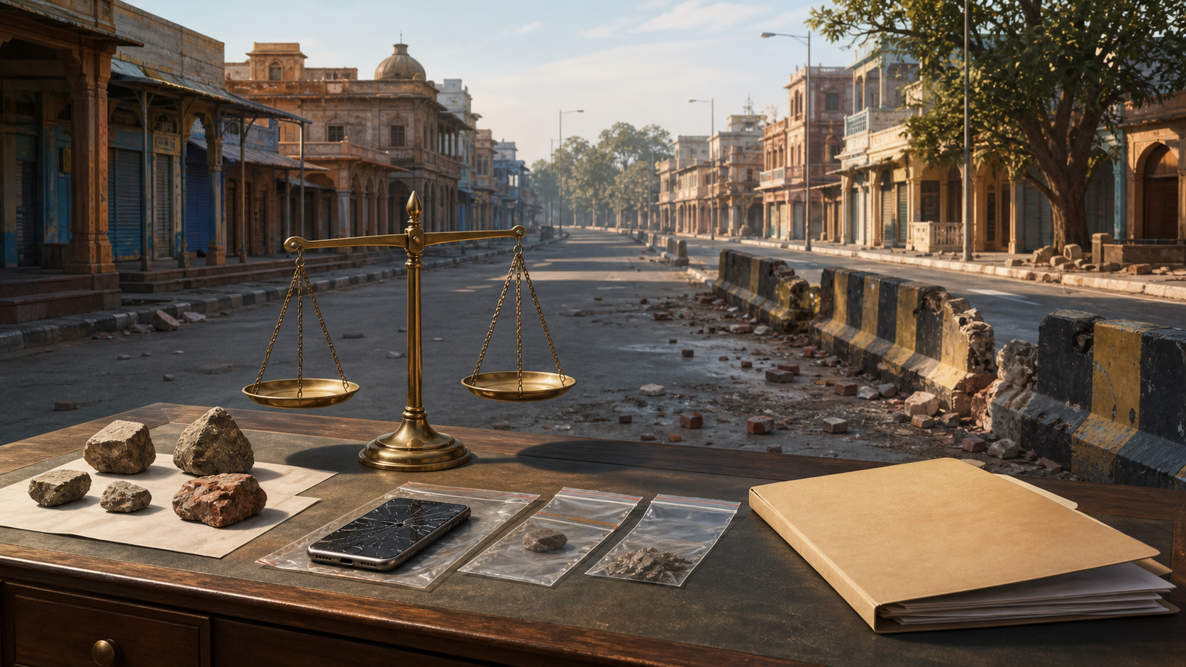 An inquiry desk with balanced scales and separated evidence stands before an empty street with scattered stones and a damaged barrier.