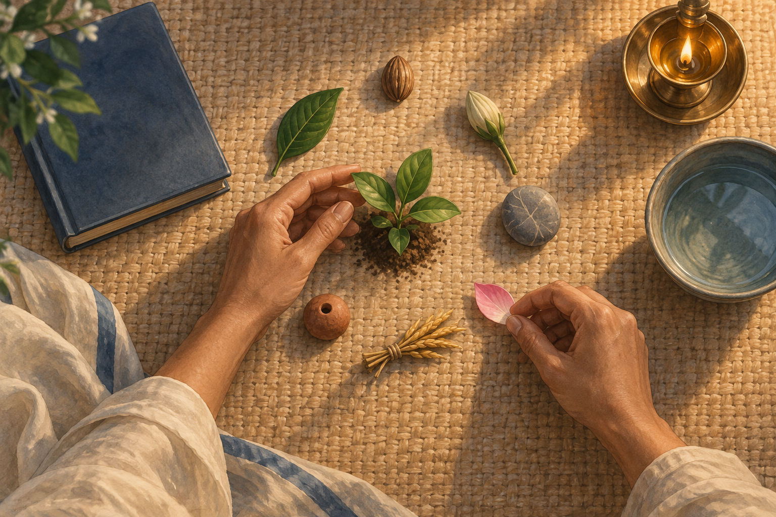 Hands arrange seven natural tokens in a circle around a green shoot beside a closed book and brass lamp.