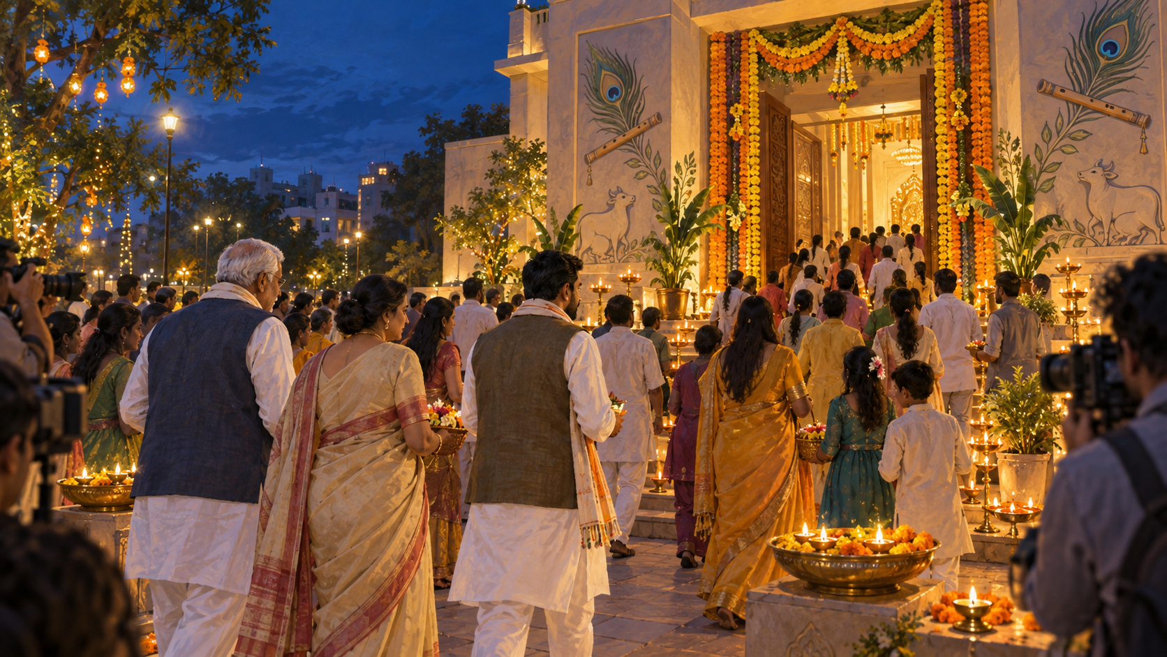 Three fictional public leaders join worshippers approaching a flower-decorated Delhi temple during a Janmashtami evening celebration.