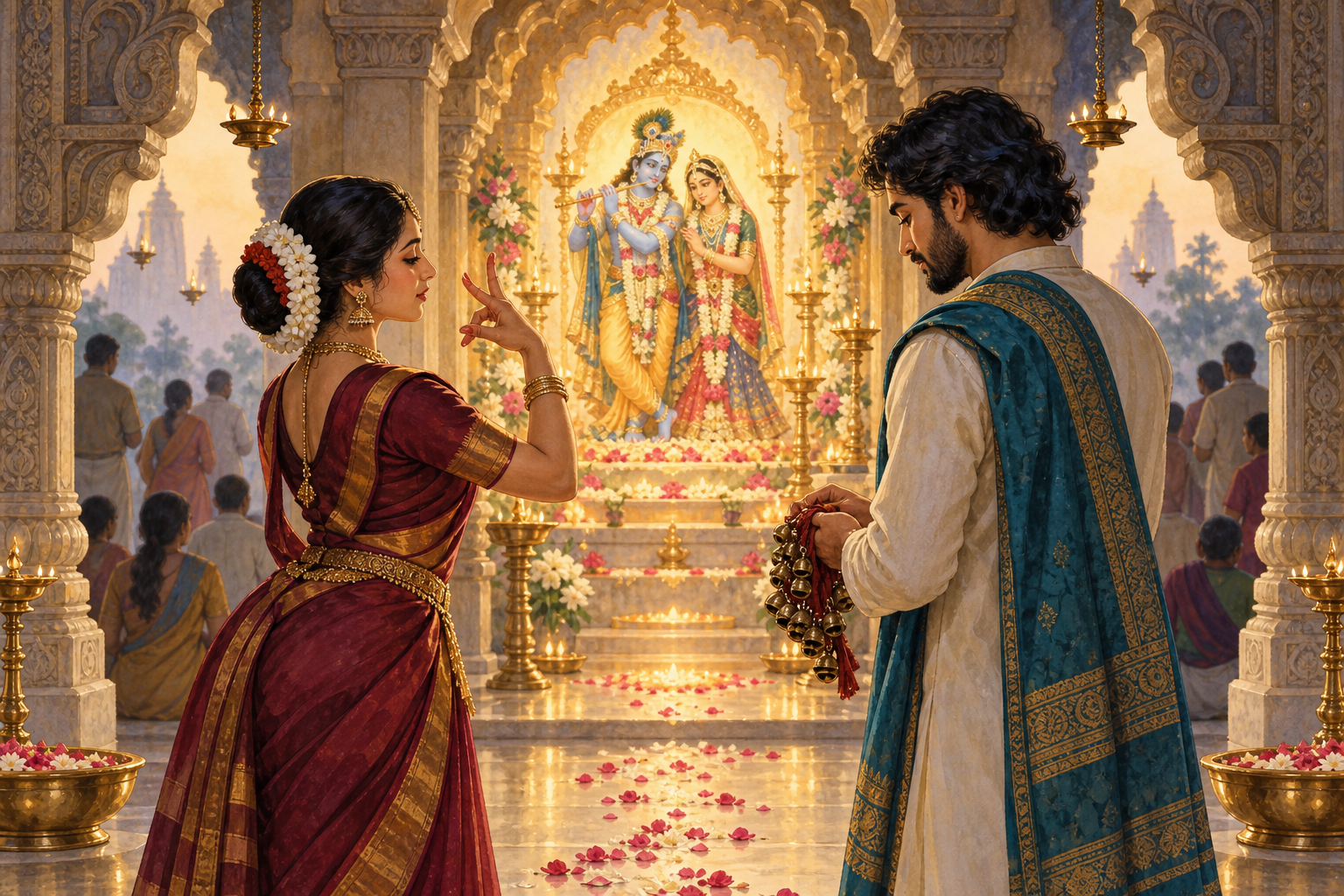 Two fictional mature Indian classical performers stand reverently before a luminous Radha-Krishna temple altar beneath carved arches.