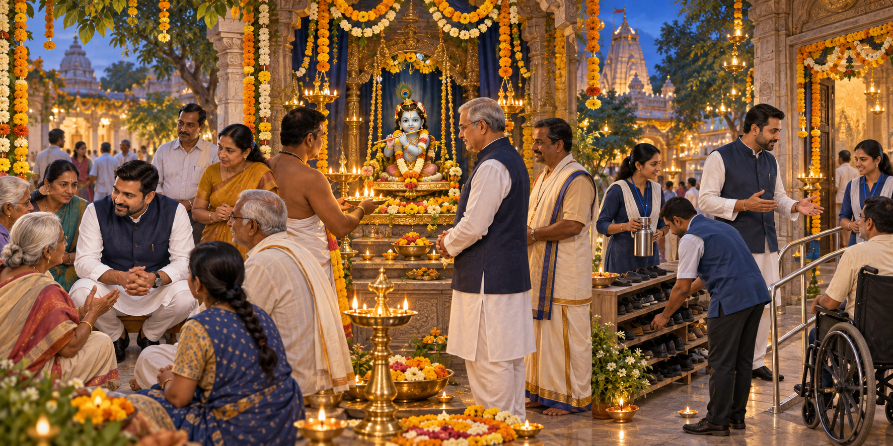 Three illustrated scenes show fictional public officials listening to devotees, attending a temple ritual, and discussing visitor services with volunteers.