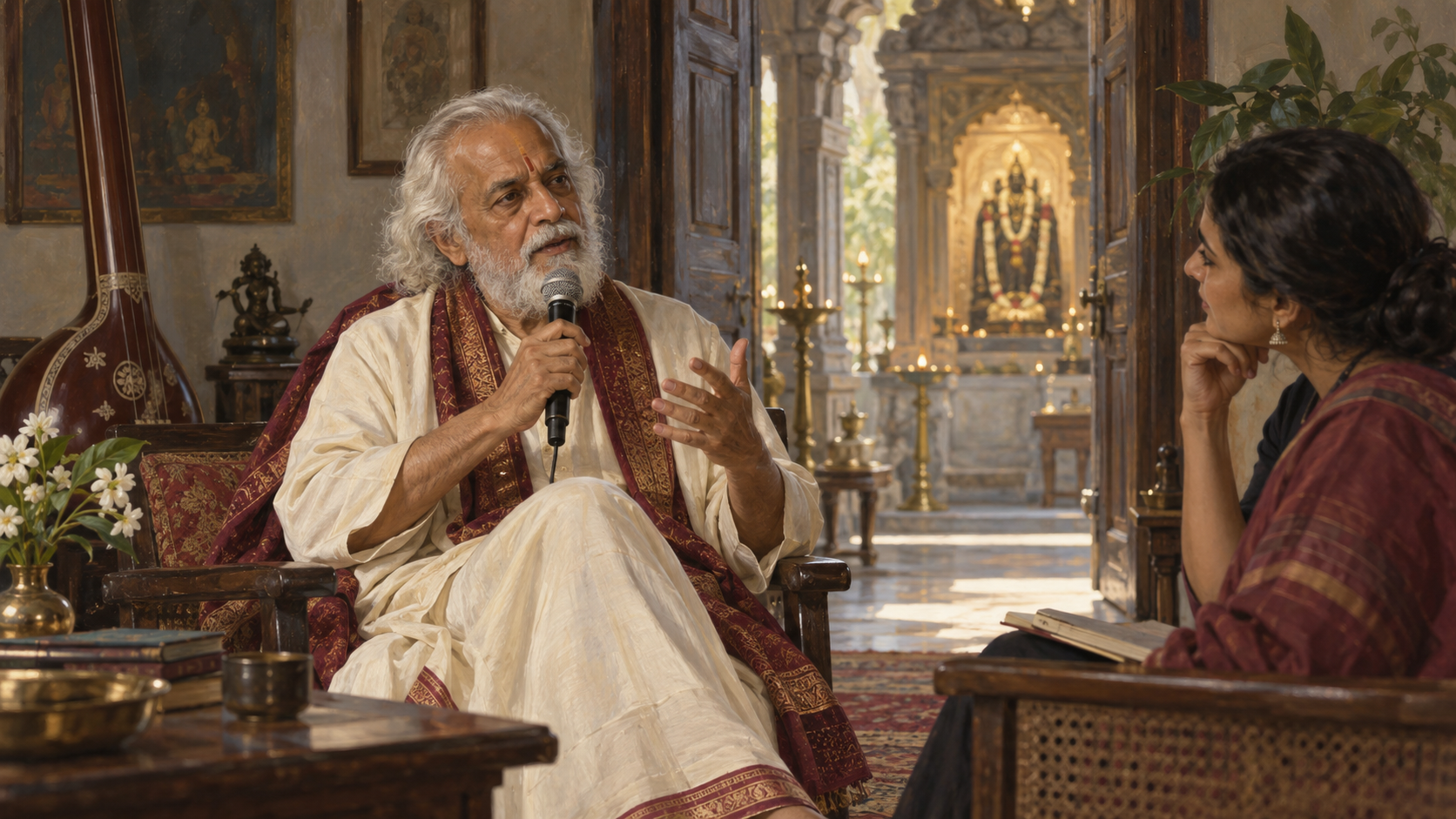 A fictional senior Indian classical performer speaks into a microphone while an interviewer listens near an open temple doorway.