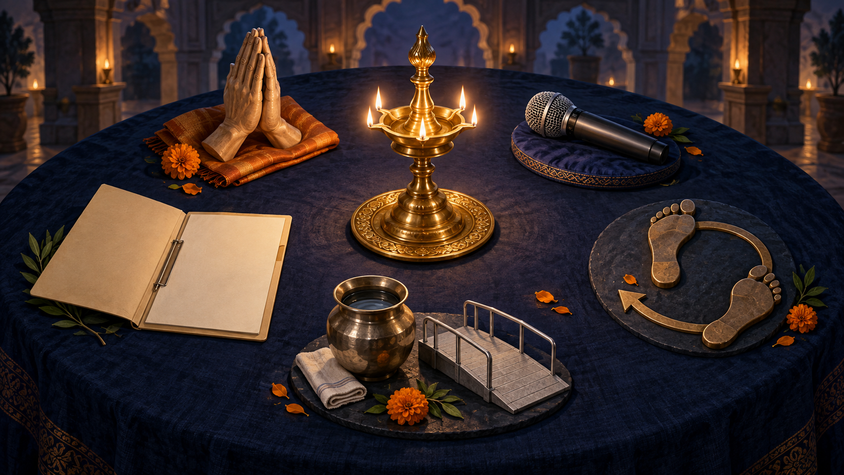 Five symbolic objects surround an oil lamp, representing respectful conduct, public remarks, civic responsibility, practical service, and follow-through.