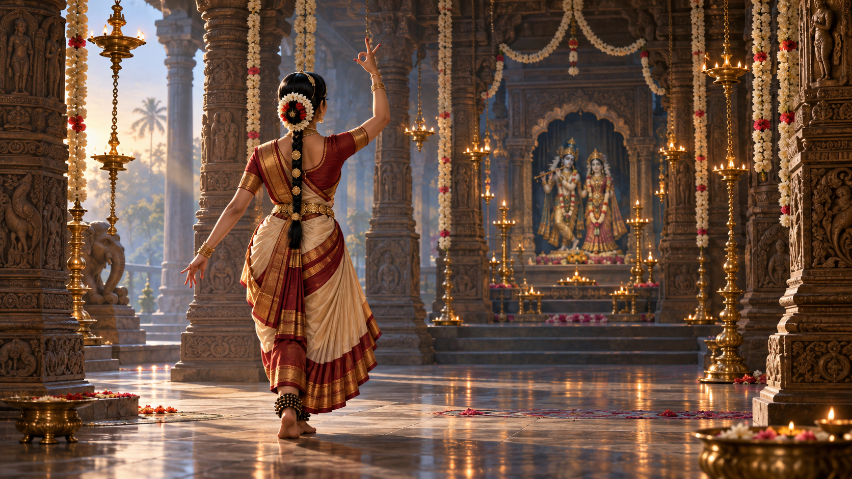 A fictional classical dancer raises a mudra in a lamp-lit temple hall where carved pillars and a distant altar echo her gesture.