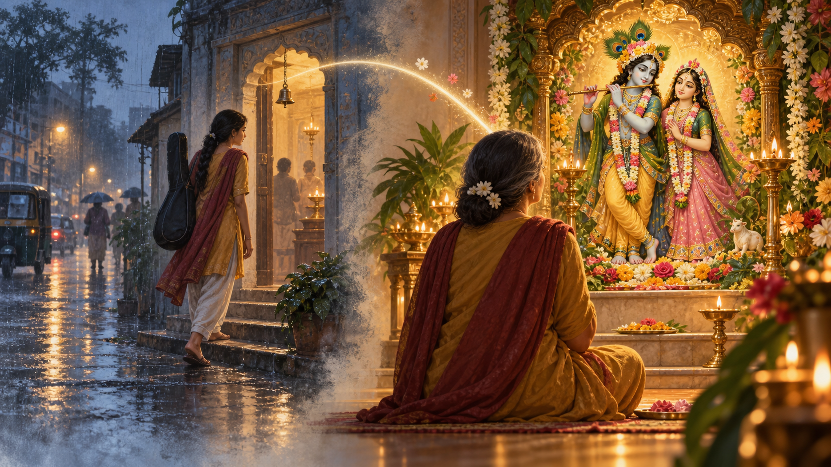 A seamless diptych shows a fictional performer remembering an earlier temple entrance on the left and standing before a bright Radha-Krishna altar on the right.