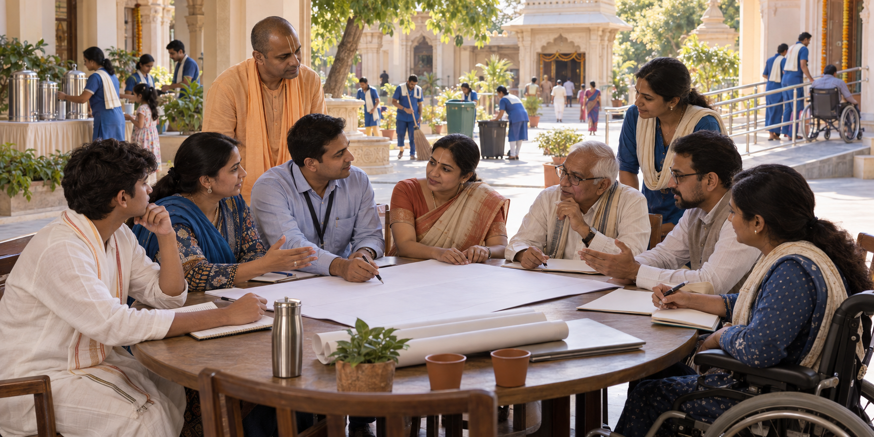Fictional civic officials, temple representatives, volunteers, and residents discuss accessibility and public services beside a temple courtyard.