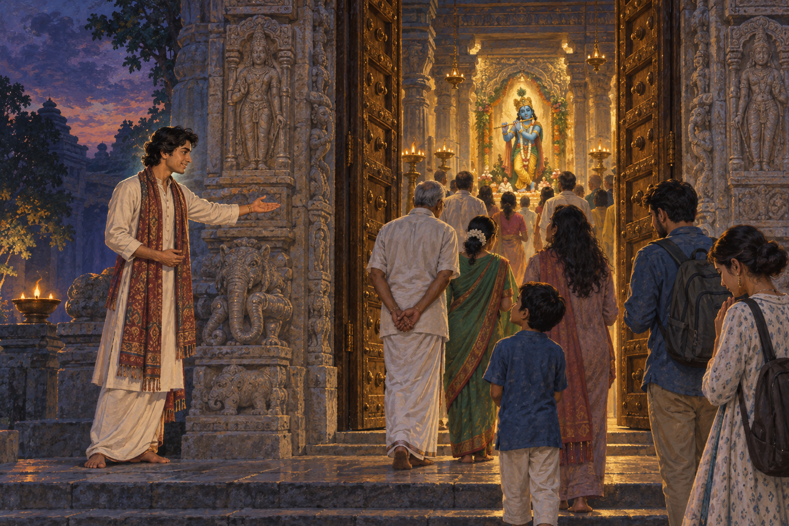 A fictional Indian performer gestures toward an open temple doorway as visitors walk past her toward a glowing Krishna shrine.