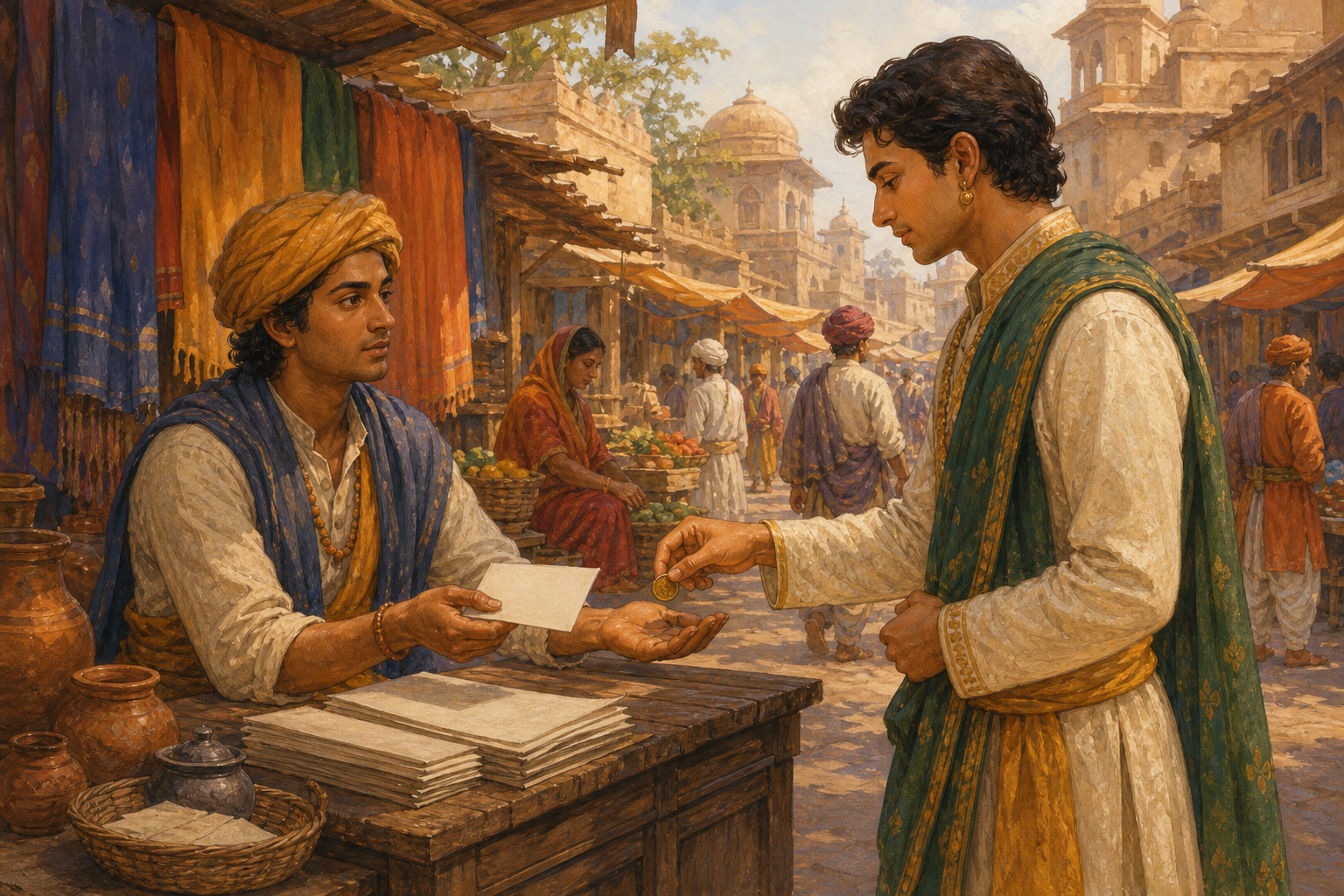 A young seller gives a blank paper slip to a buyer in exchange for a coin at a traditional marketplace stall.