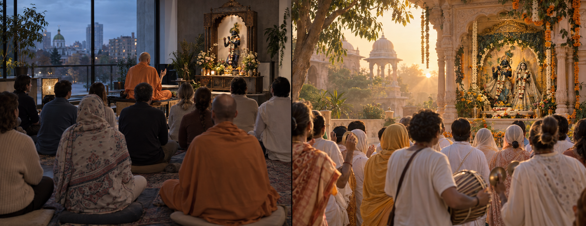 A split scene shows devotees listening to a lecture in a modest Kyiv hall and devotees gathering for darshan and kirtan in a warm Vrindavan temple courtyard.
