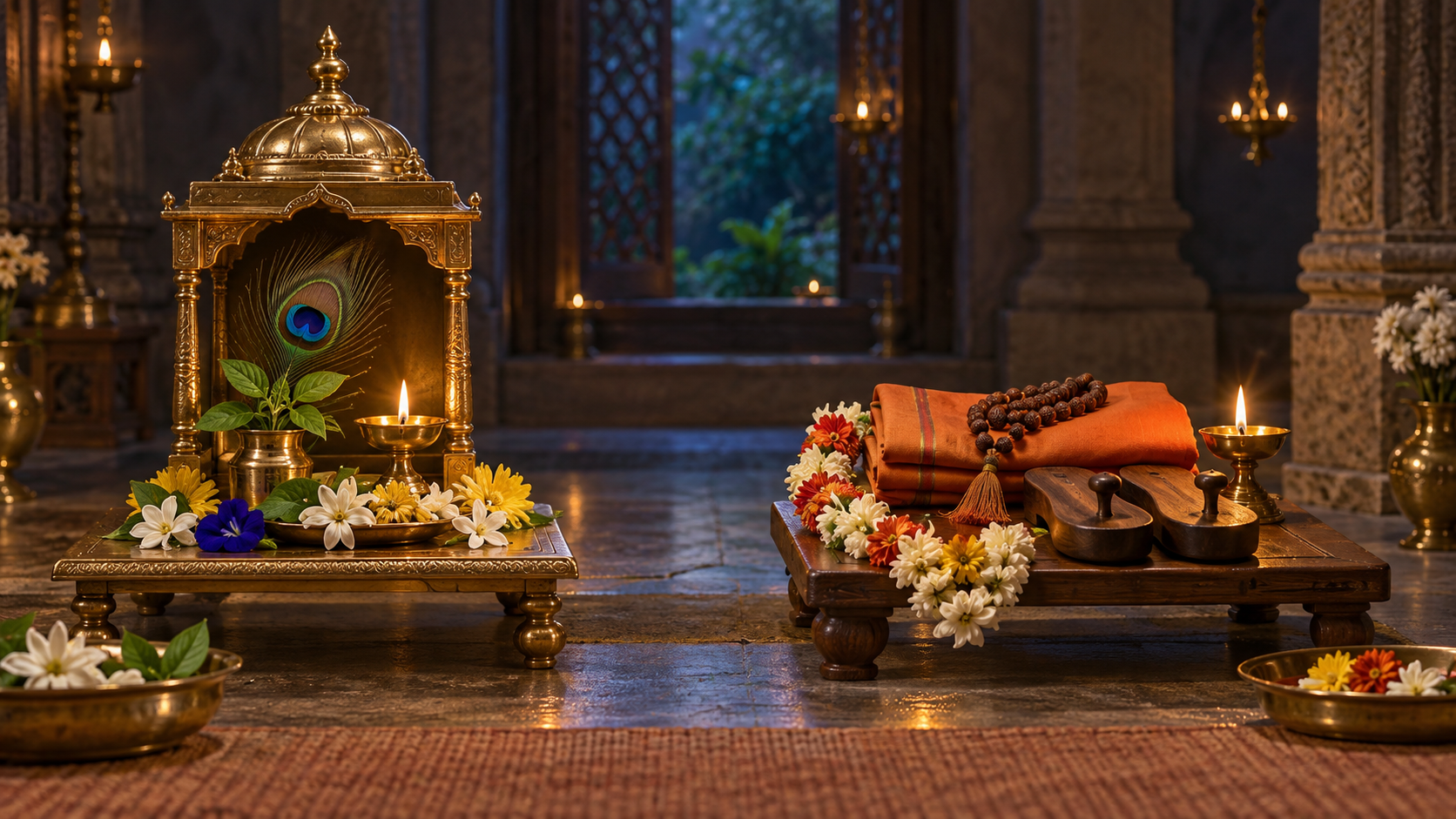 Two separate devotional arrangements show a Krishna altar with tulsi and flowers beside a remembrance seat with prayer beads, sandals, saffron cloth, and a garland.