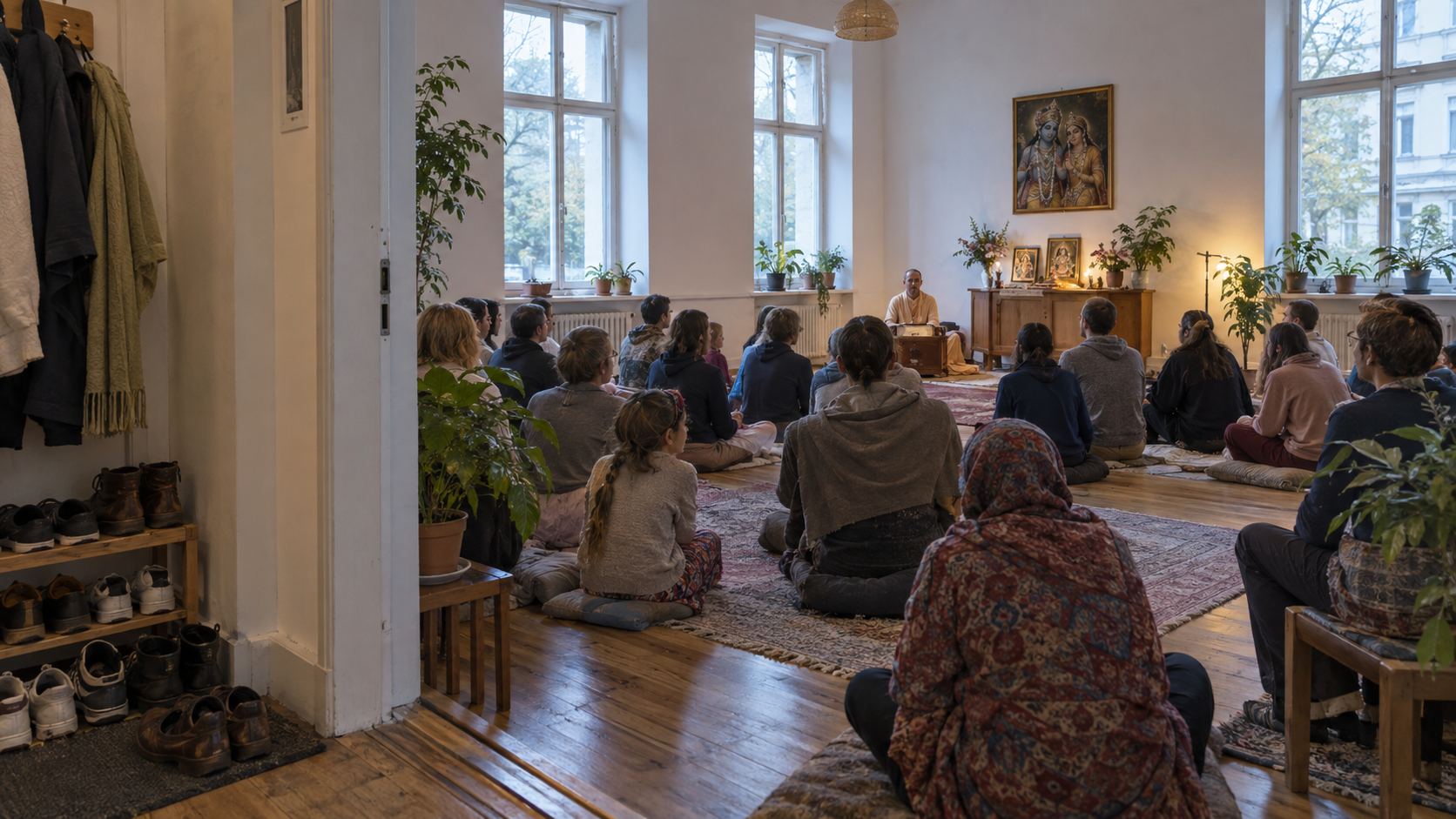 Adults and families sit in semicircular rows for a lecture inside a modest devotional hall with tall windows and a small altar.