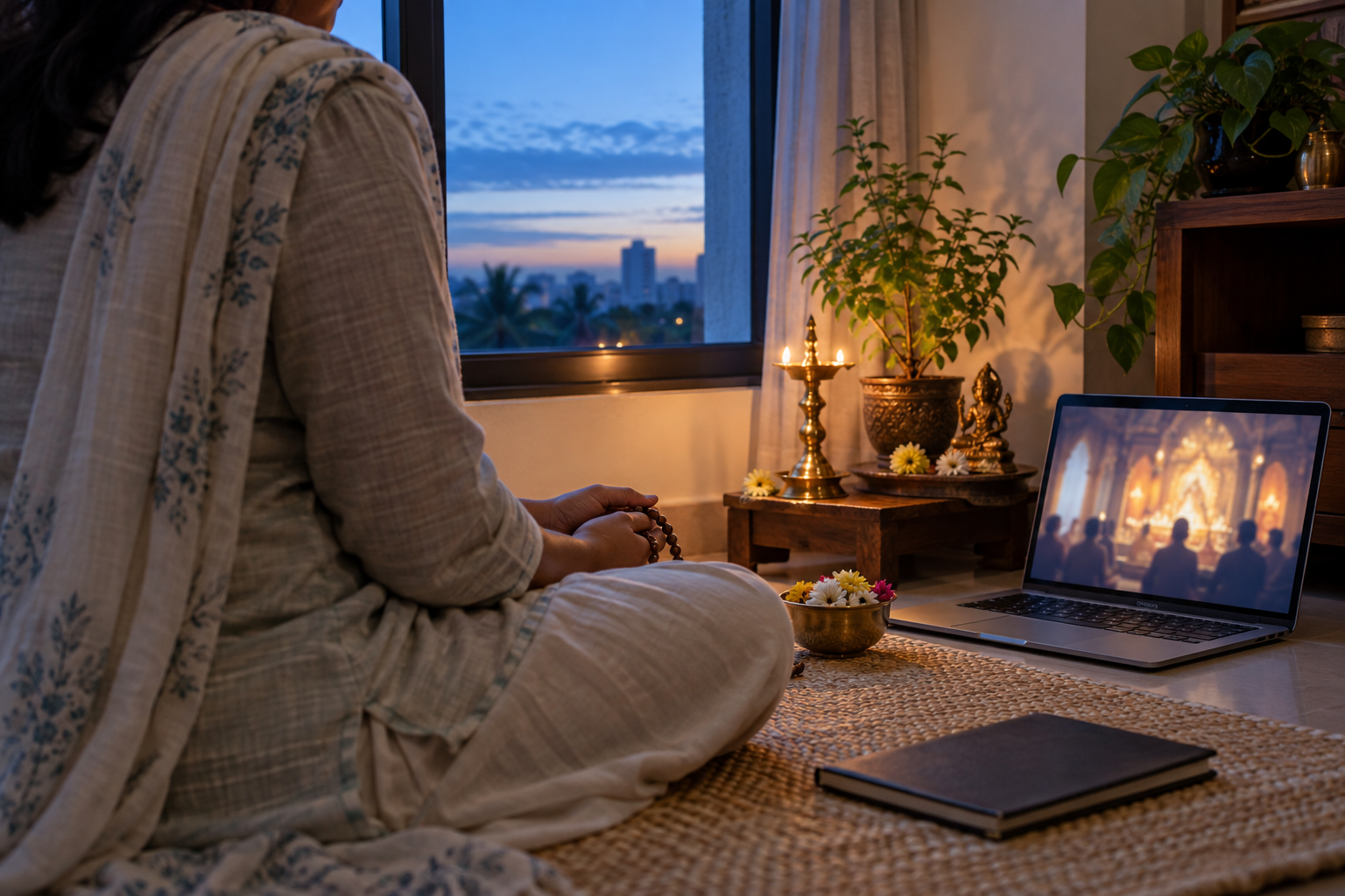 A devotee sits with prayer beads in a dawn prayer corner while a laptop shows indistinct silhouettes of a distant temple gathering.
