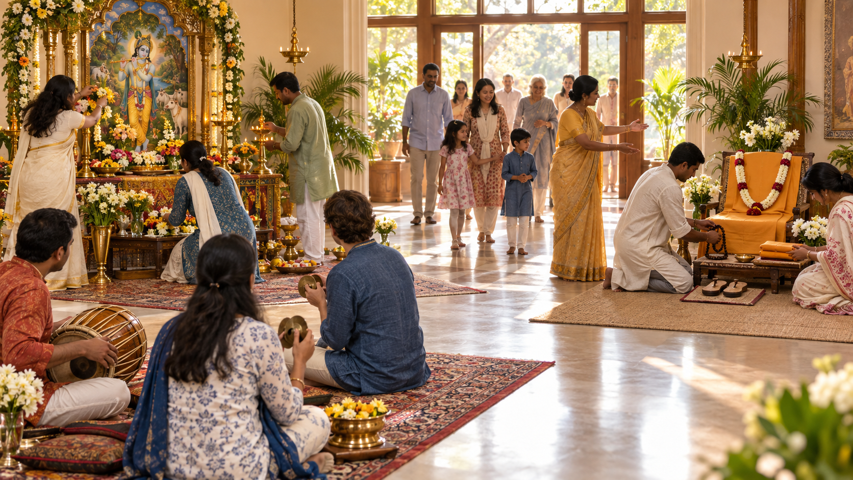 Volunteers prepare a Krishna altar for kirtan and a separate garlanded remembrance seat in a community temple room.