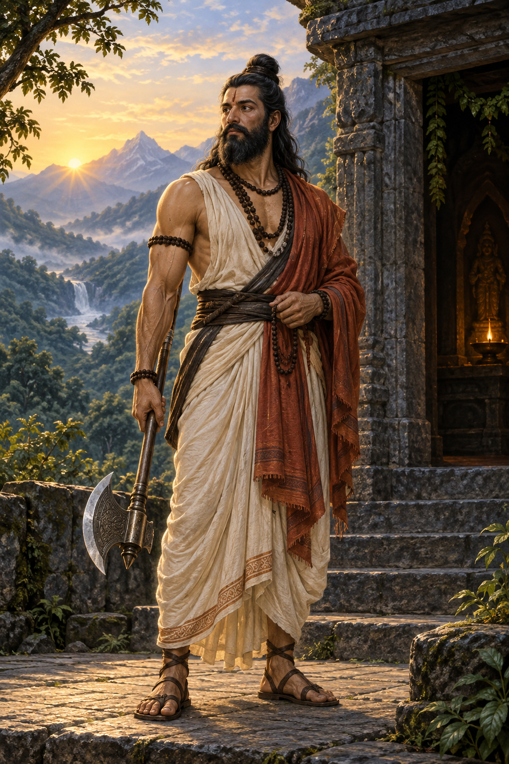 A calm sage-warrior holding a lowered ceremonial axe and prayer beads stands at the entrance of a stone sanctuary at dawn.