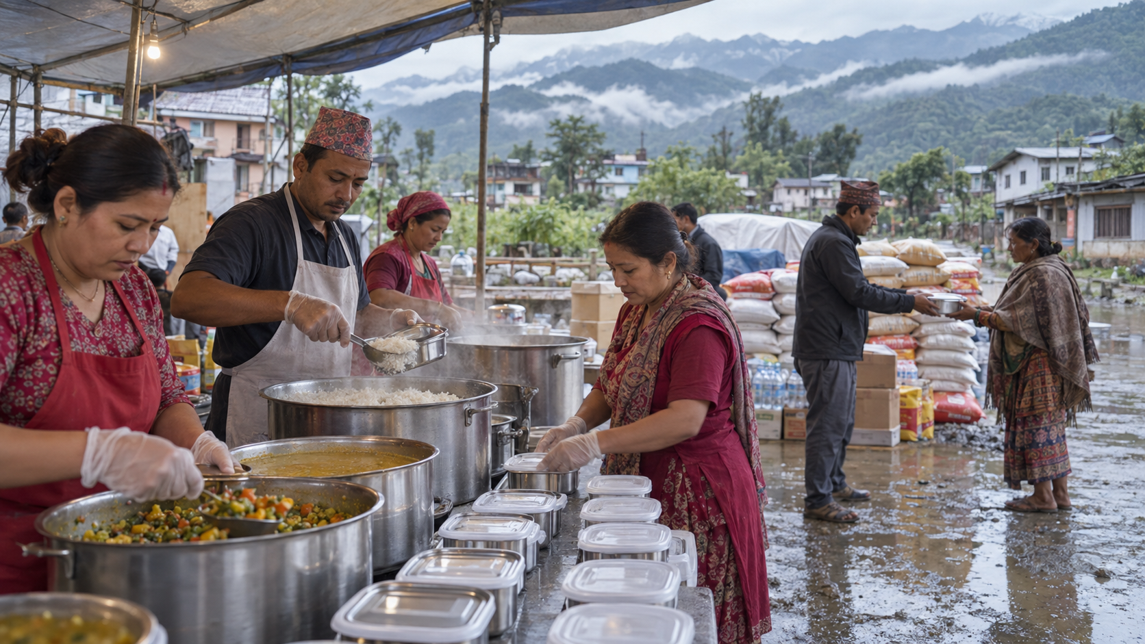 Volunteers prepare rice, lentils, and vegetables in a covered relief kitchen and hand a meal to a resident beside a rain-soaked lane in Nepal.
