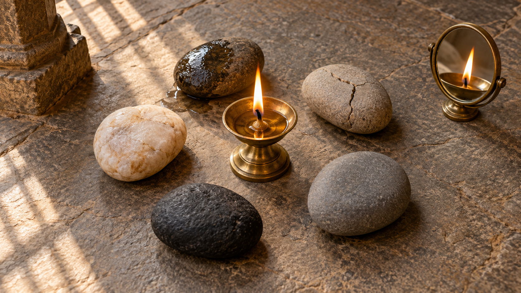 Five different river stones encircle a steady brass oil lamp, with a small mirror reflecting the flame.