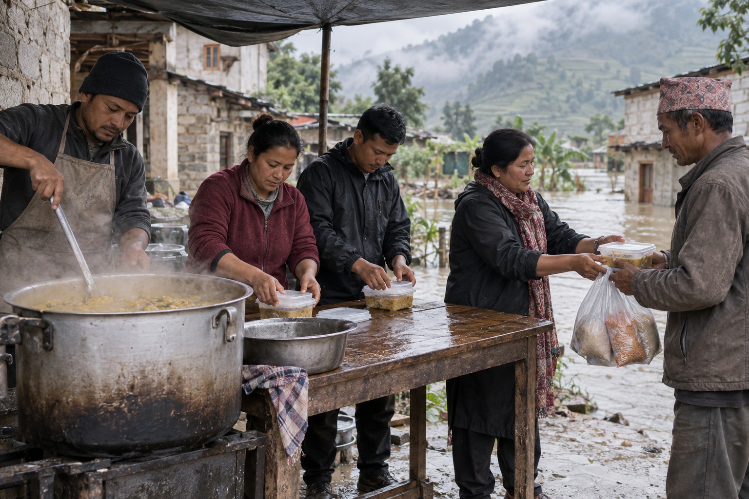 Local volunteers cook, seal, and distribute covered meals and staple foods beneath a canopy in a damp Nepalese community.