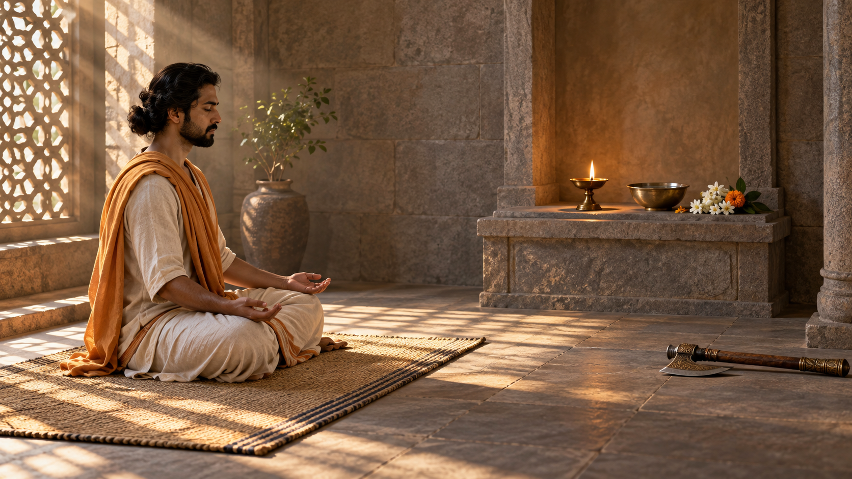 A seated practitioner meditates before a simple lamp and flowers while a ceremonial axe rests unused on the floor.