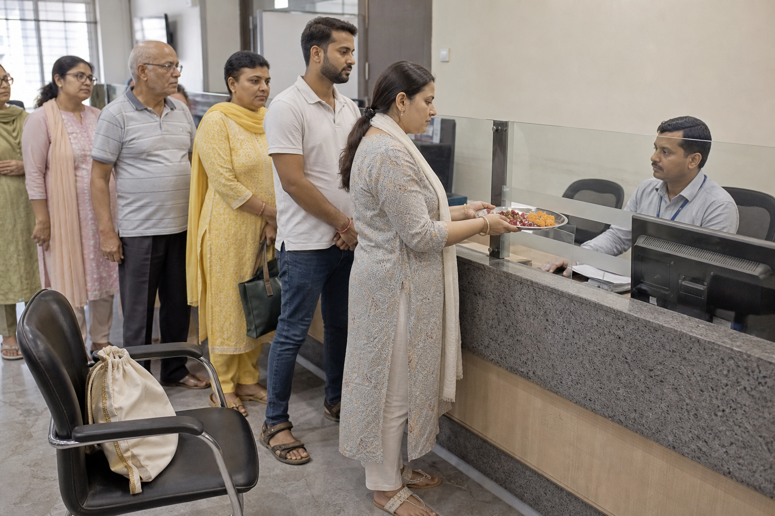 Community volunteers wait with other visitors in a government office while offering rakhis and sweets to a public-service employee.