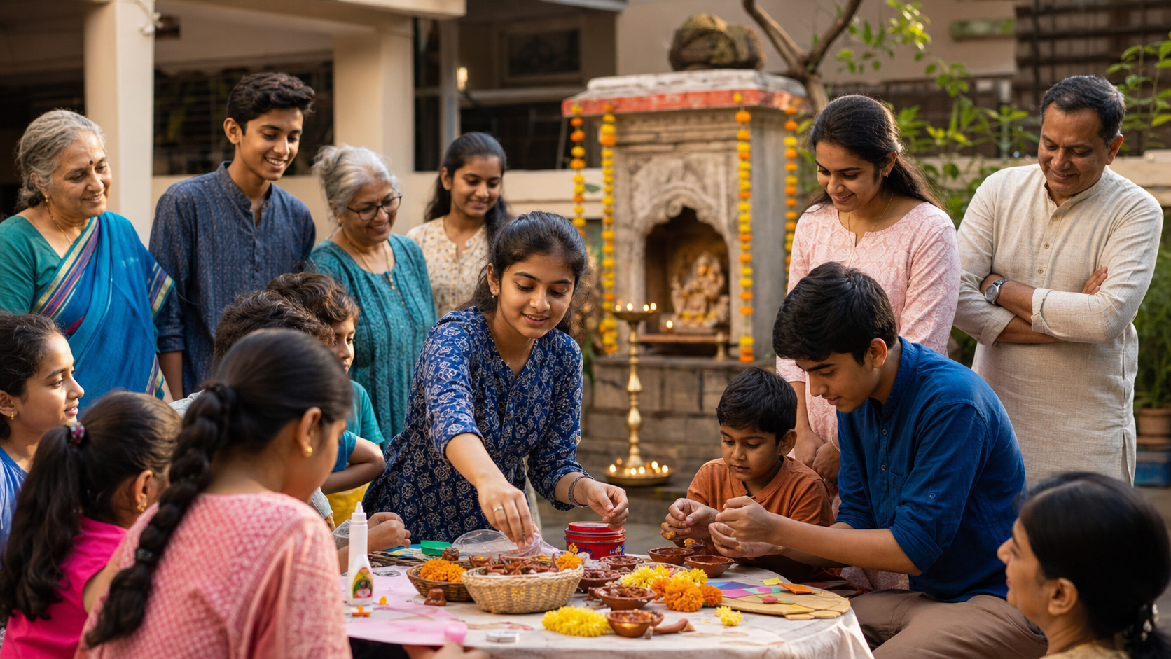 Teenagers lead learning and community service activities while children, parents and older volunteers gather in an Indian community centre courtyard.