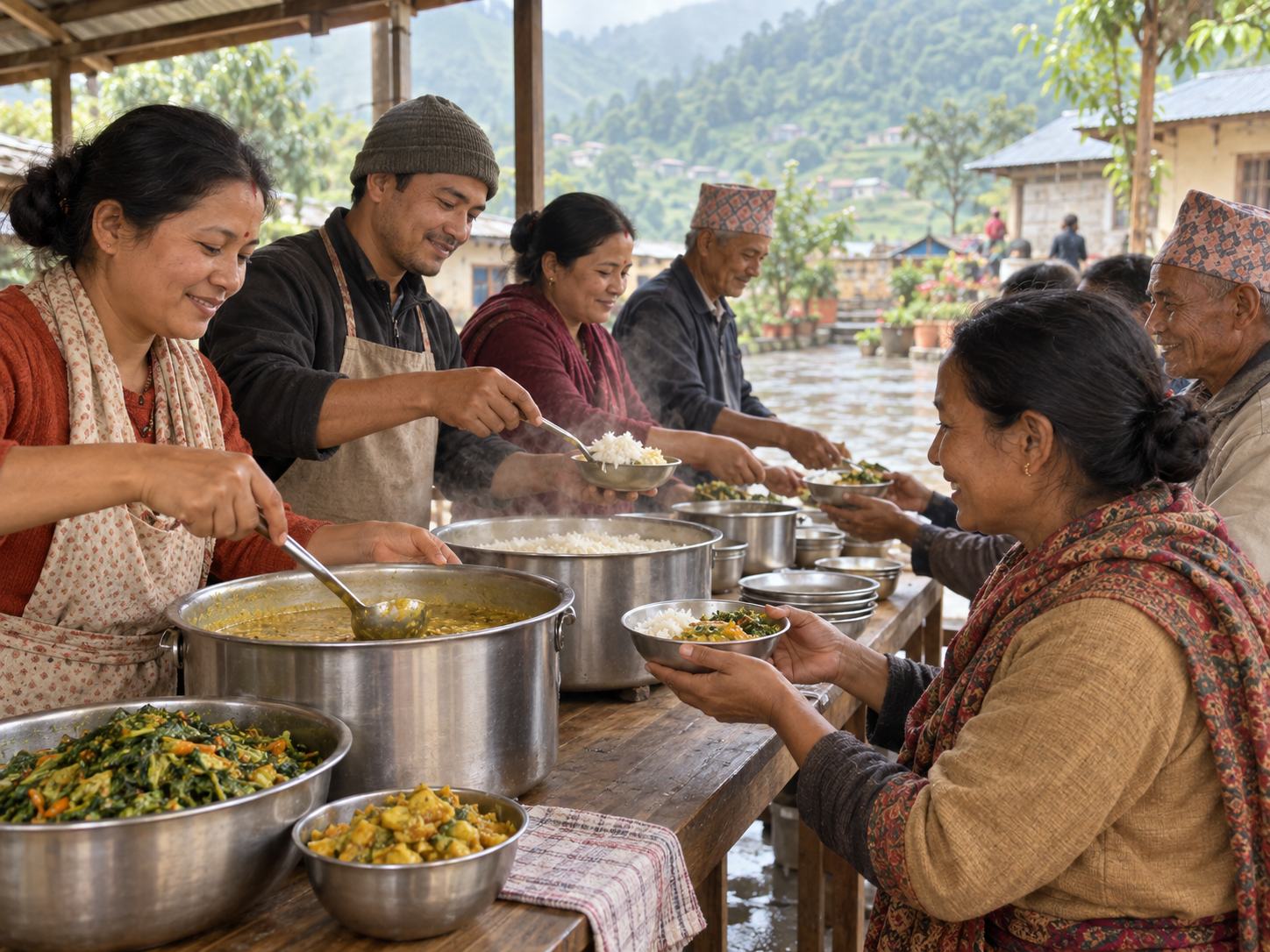 Volunteers serve rice, lentils, and vegetables into simple bowls and pass the meals onward in a clean community kitchen.