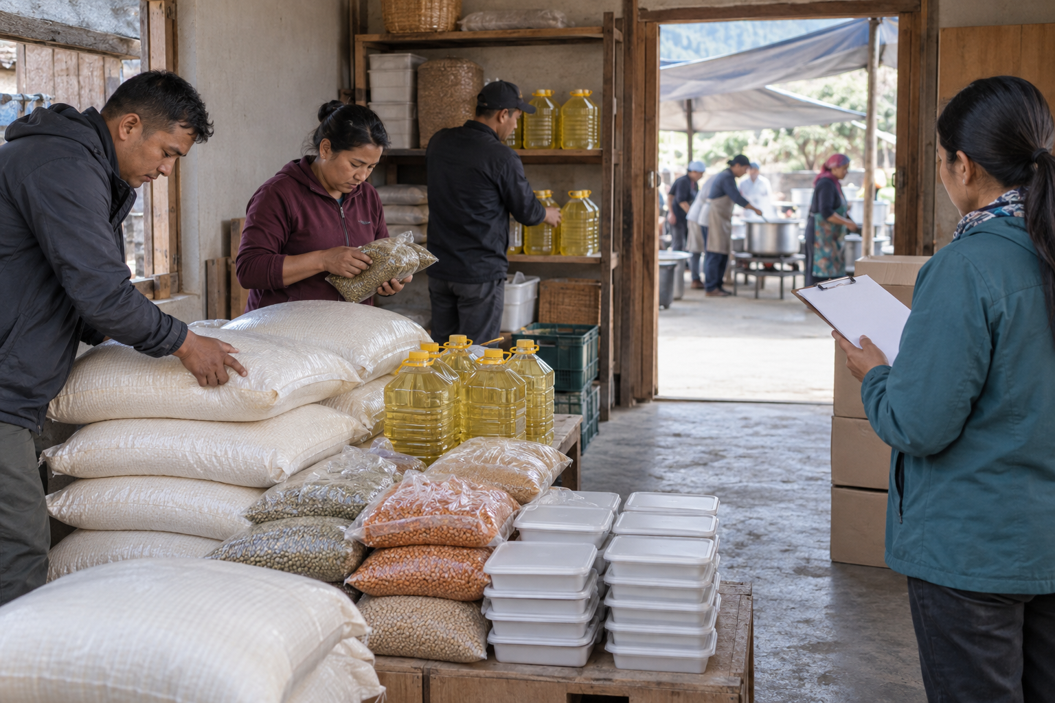 Volunteers organize plain sacks of staples, cooking supplies, and covered meal containers in a dry relief storeroom beside a working kitchen.