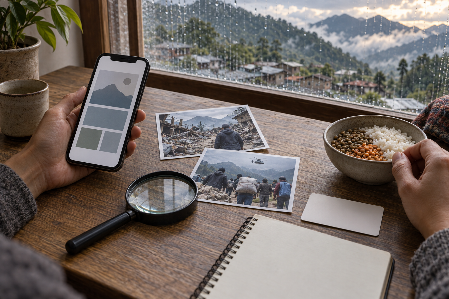 Hands compare an unbranded phone with generic relief photographs beside a magnifying glass, blank notebook, and bowl of food.