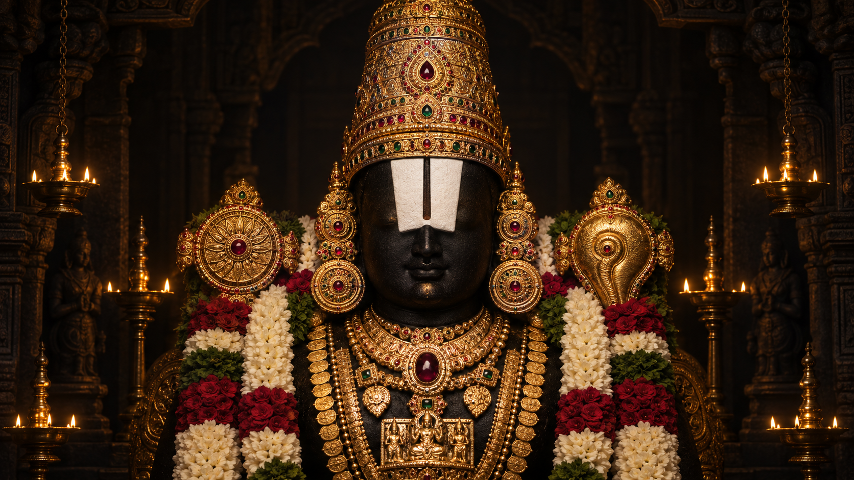 Frontal devotional illustration of Venkateshwara with a broad white namam partially covering the eyes, surrounded by a jeweled crown, gold ornaments, and flower garlands.
