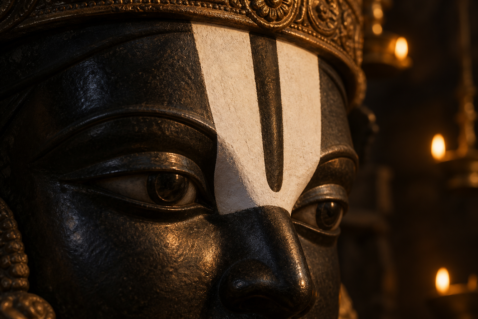 Close devotional study of a dark stone Venkateshwara face showing the white Vaishnava namam extending over parts of the visible eyes.
