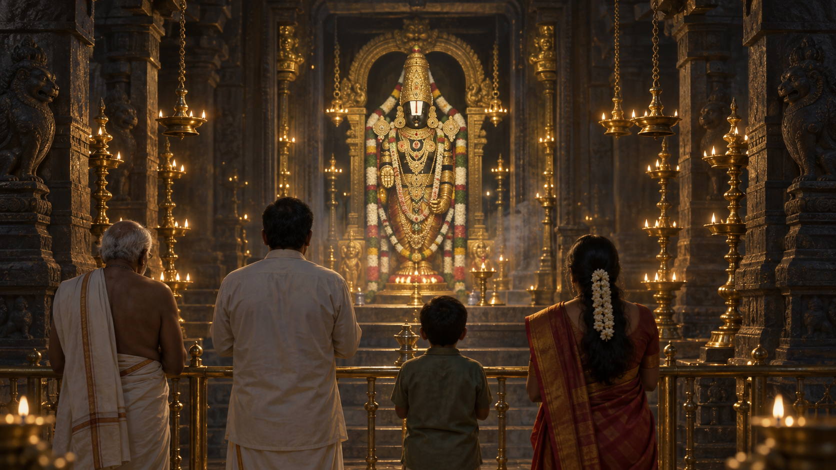 Devotees stand in prayer before a lamp-lit Venkateshwara shrine where the deity's eyes are partly obscured by the namam.
