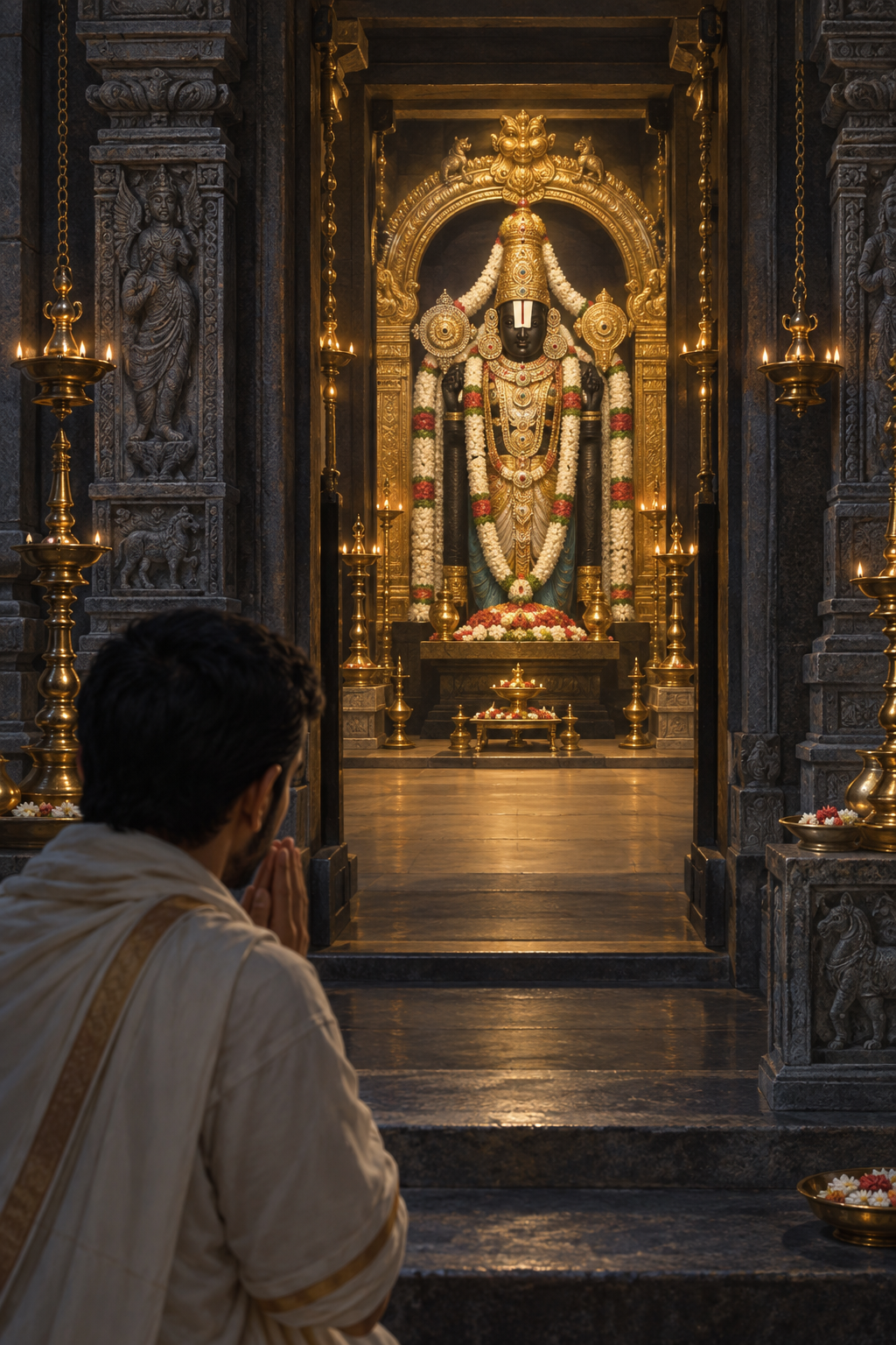 A pilgrim with joined palms pauses before a softly lit Venkateshwara shrine inside a carved stone temple.