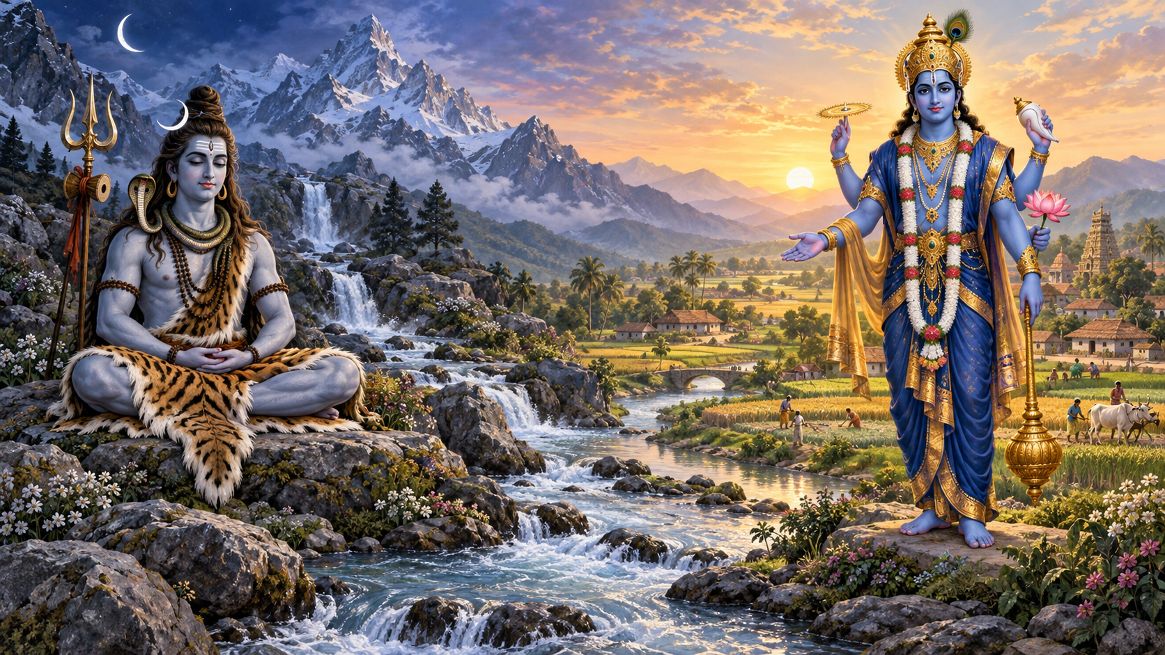 Shiva meditates beside a Himalayan stream while Vishnu stands near fertile fields, with the flowing water connecting the two landscapes.