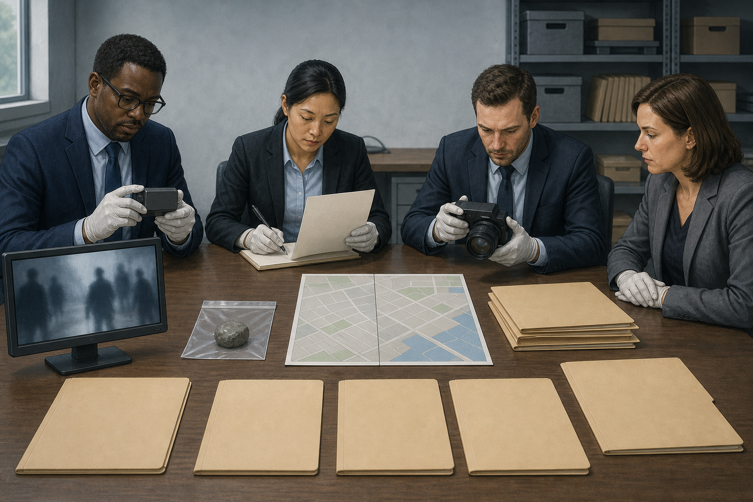 Investigators examine video, a sealed stone, a camera, a map, and blank case folders arranged separately on a table.