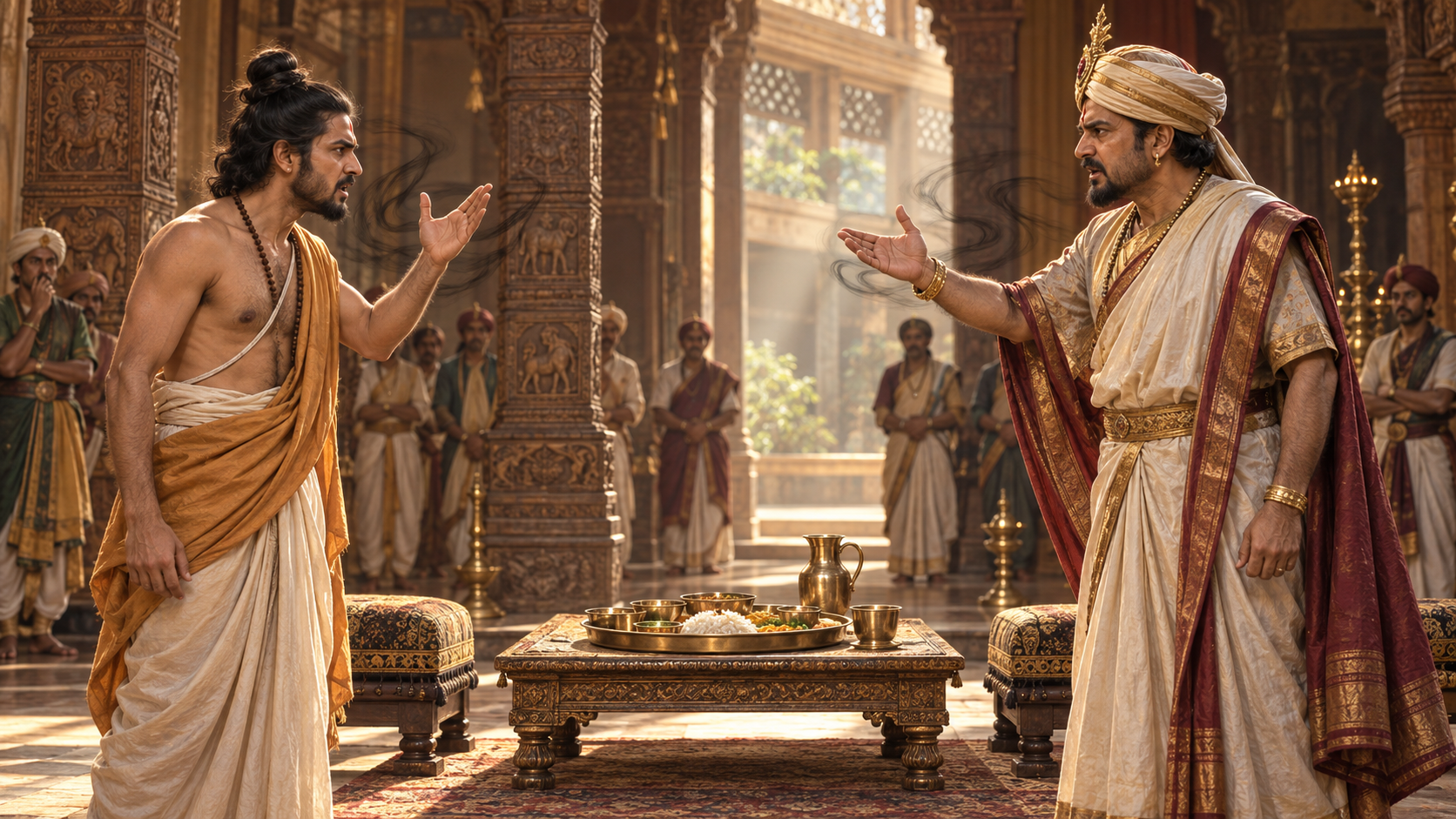 Utanka and King Poushya confront one another across a low food platter in an ancient Indian palace hall.