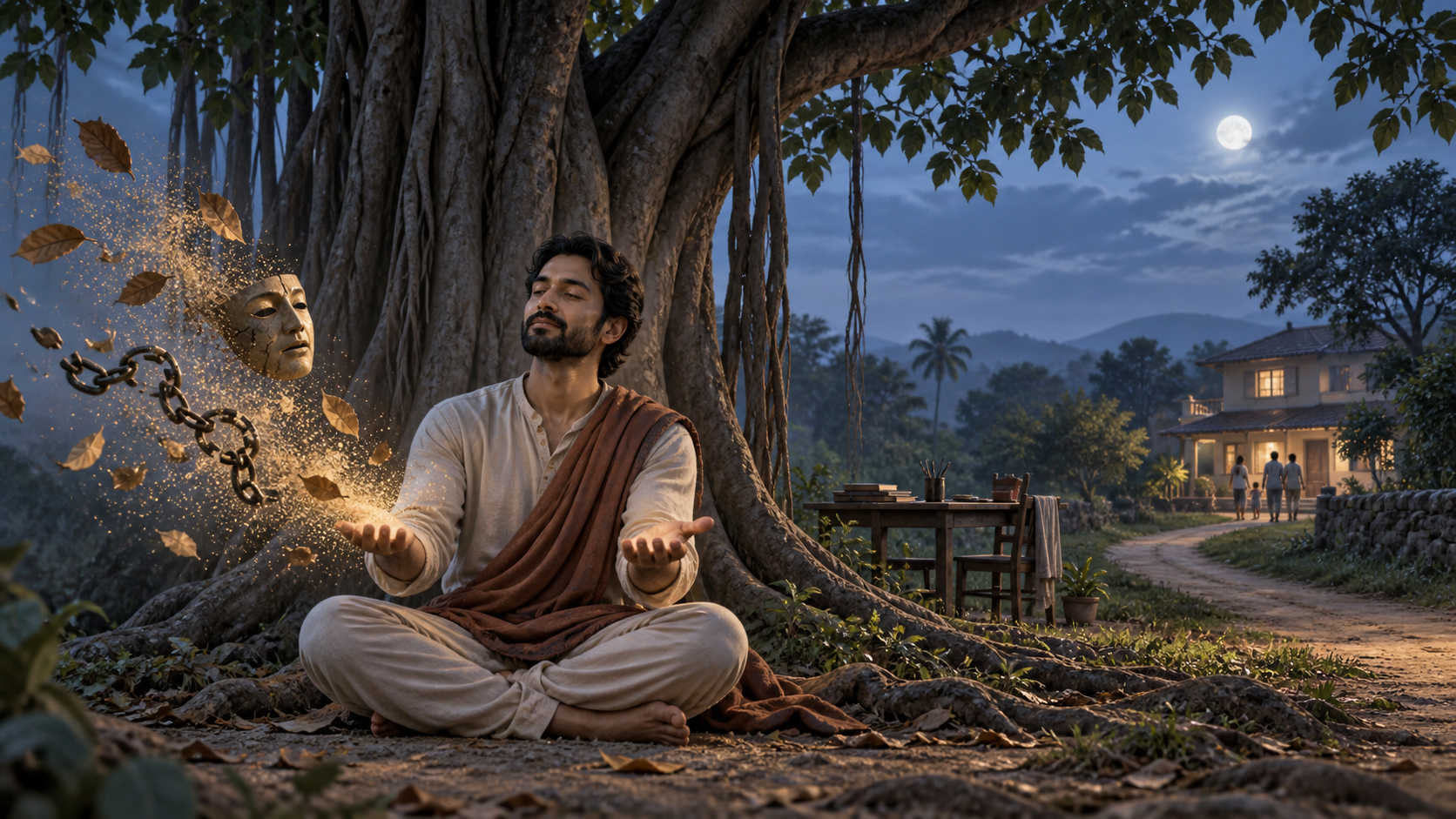 A seated practitioner releases a mask, dry leaves, and broken chains while a home and worktable remain visible in the distance.