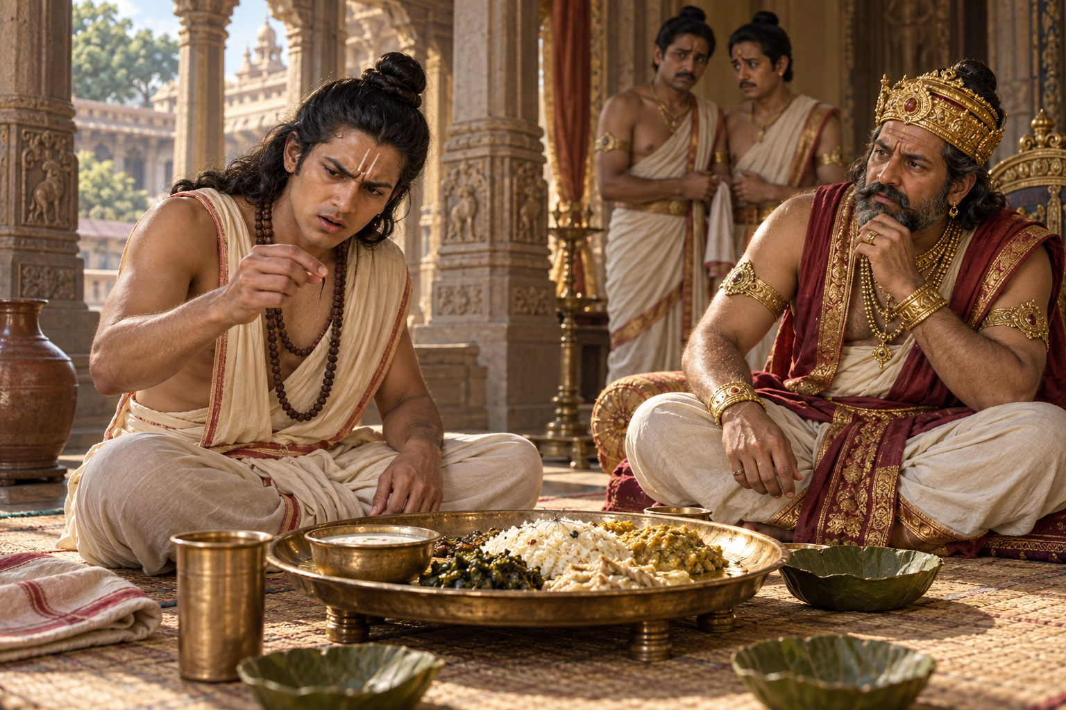 Utanka lifts a loose hair from food served on a bronze platter while King Poushya and palace attendants look on.