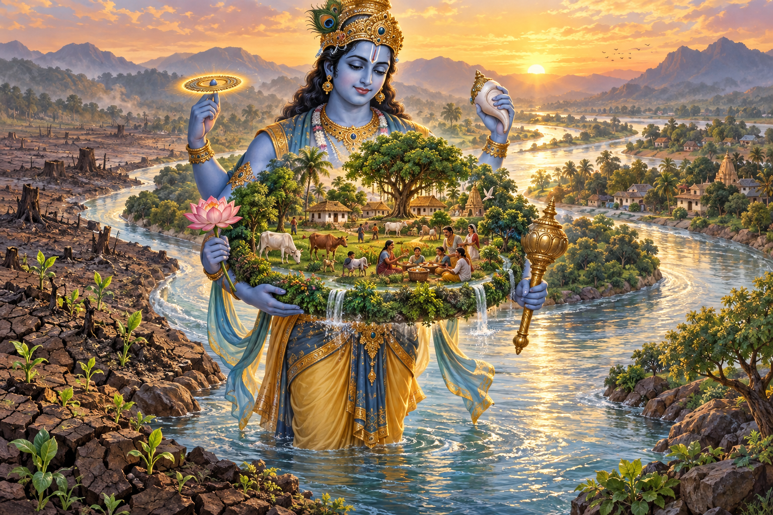 A blue-skinned four-armed guardian supports a living landscape of homes, trees, animals, and families within a curving river.