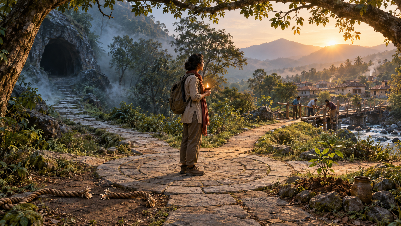 A person holding an oil lamp chooses a path toward people repairing a bridge, with a cut rope and a young plant beside the crossroads.