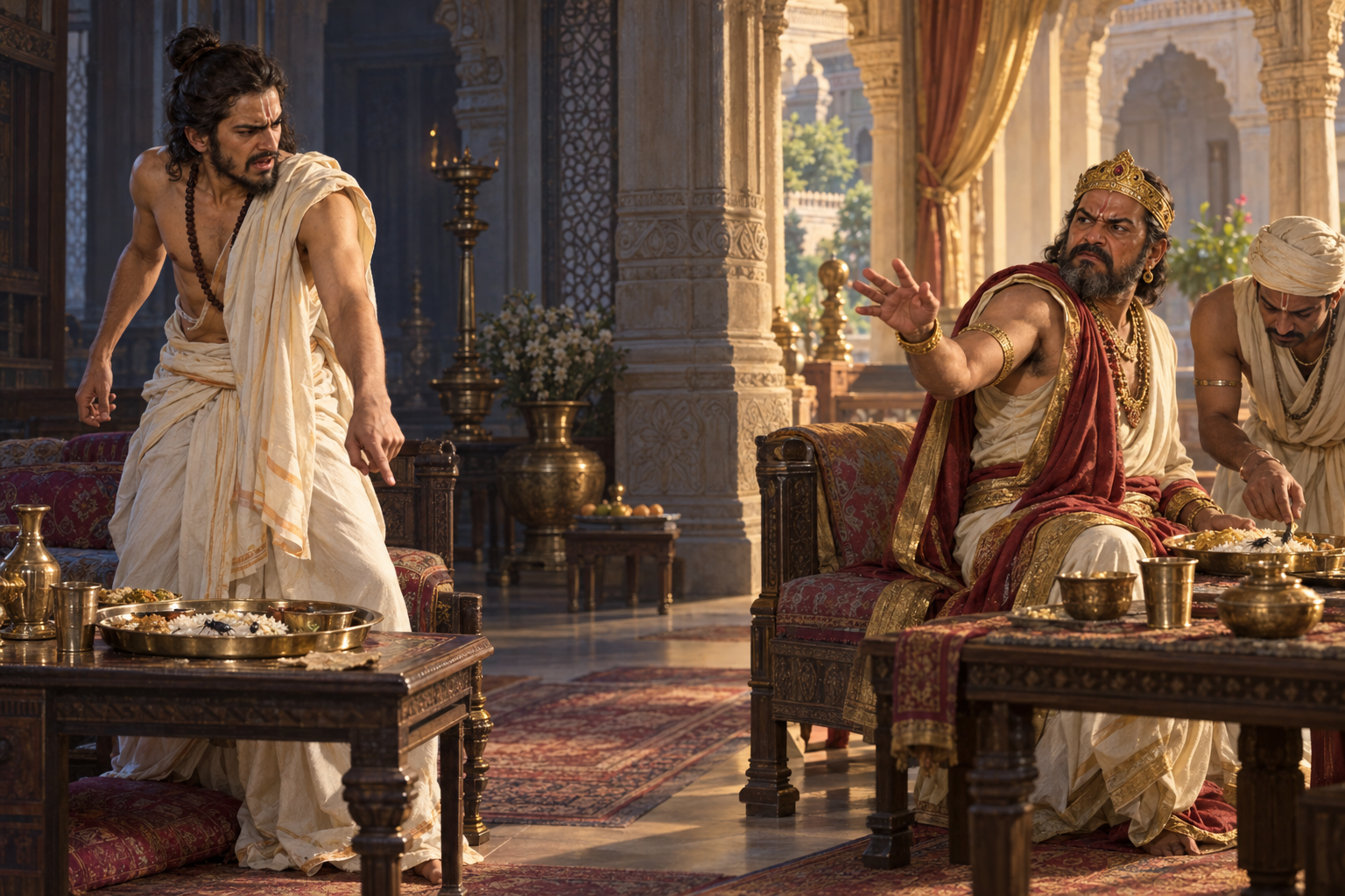 Utanka reacts to the disputed meal before it is examined, while Poushya responds angrily after an attendant inspects it.