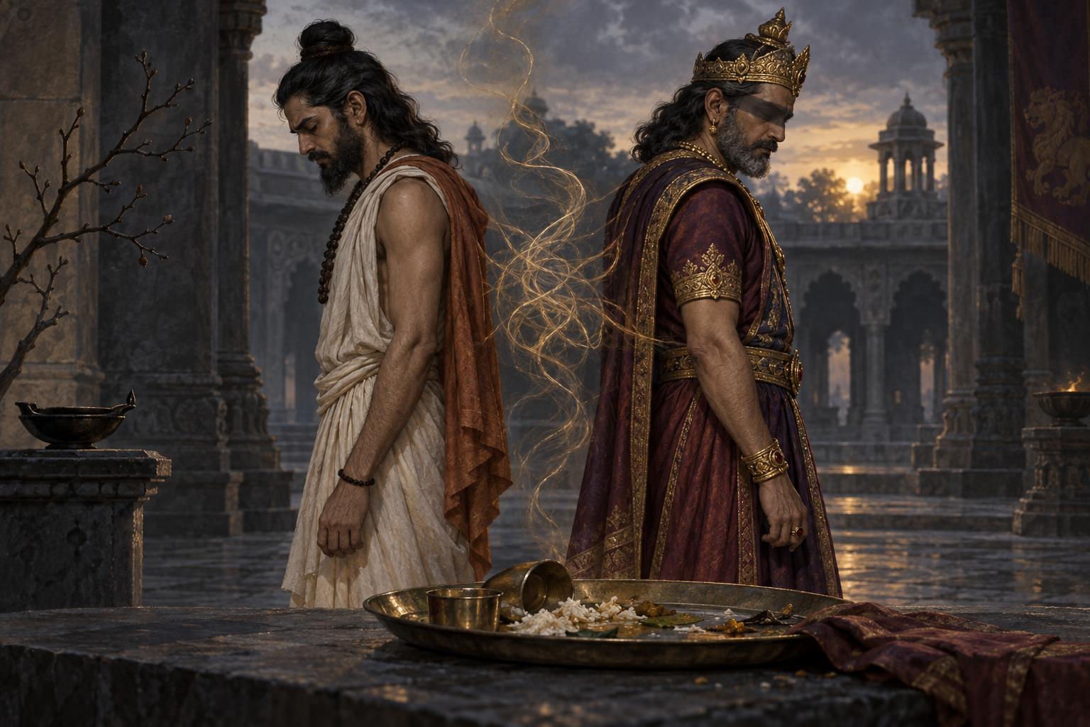 Utanka and Poushya stand apart as tangled currents of smoke symbolize curses that cannot be taken back.