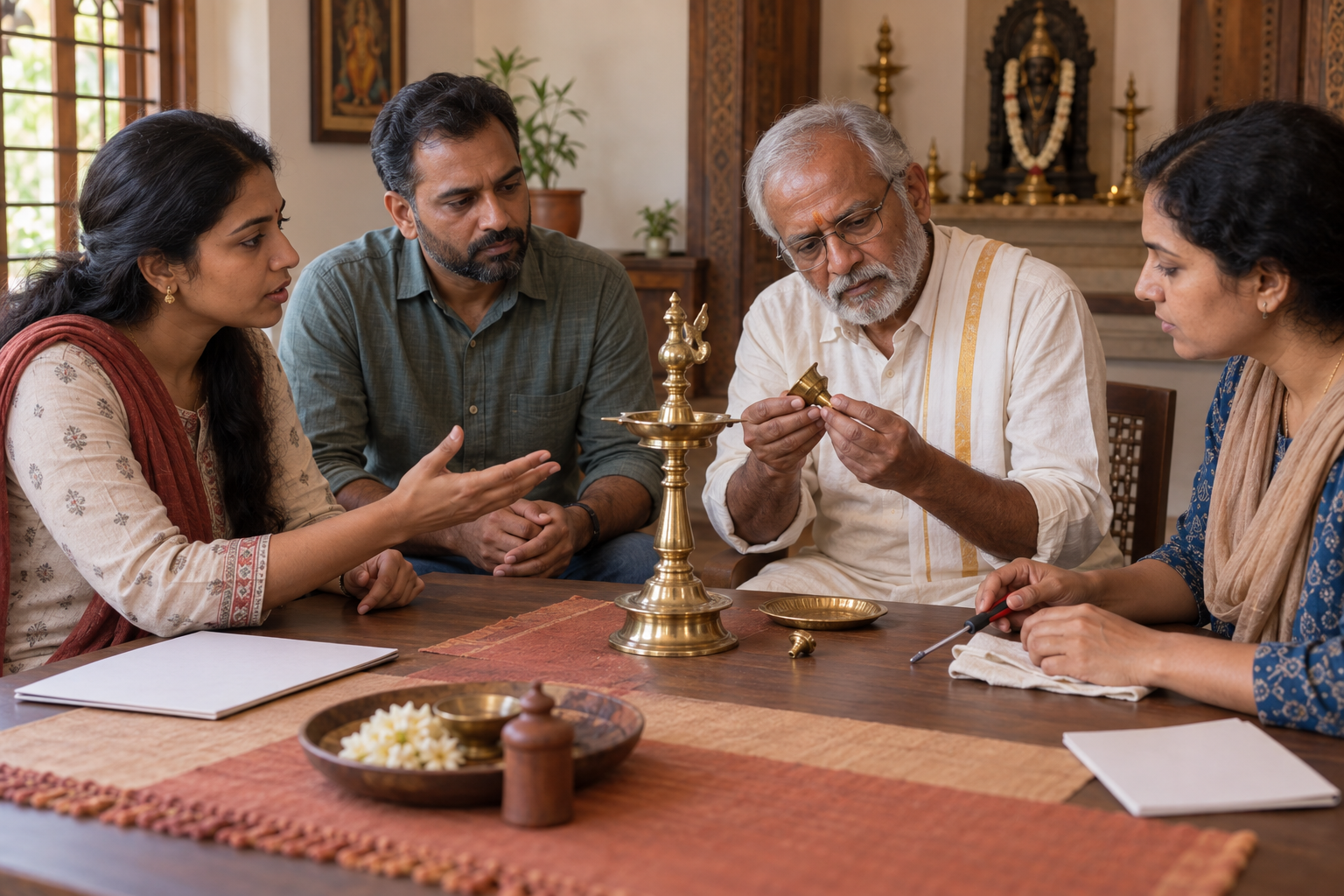Four community members calmly discuss a grievance while a neutral elder examines evidence beside a brass lamp.
