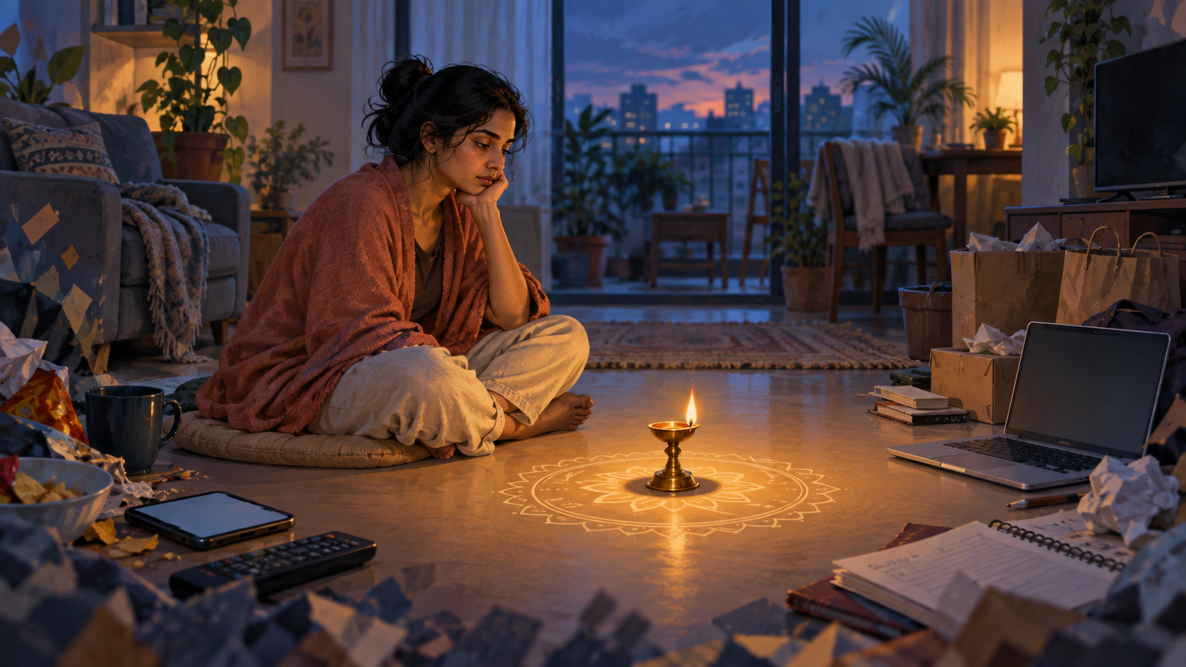 A person sits quietly beside a glowing brass oil lamp while a phone, laptop, remote, parcels, and other distractions fade into the dim edges of the room.