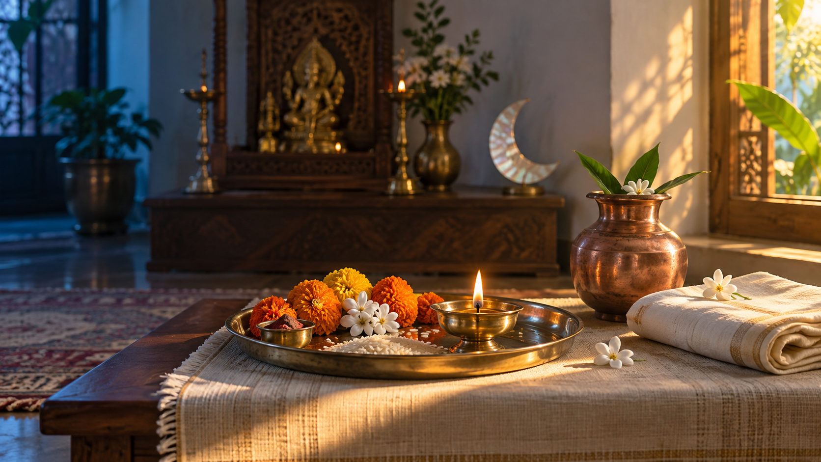 A brass puja tray with flowers, a diya, rice, and a copper vessel sits where cool dawn shade meets golden morning sunlight.