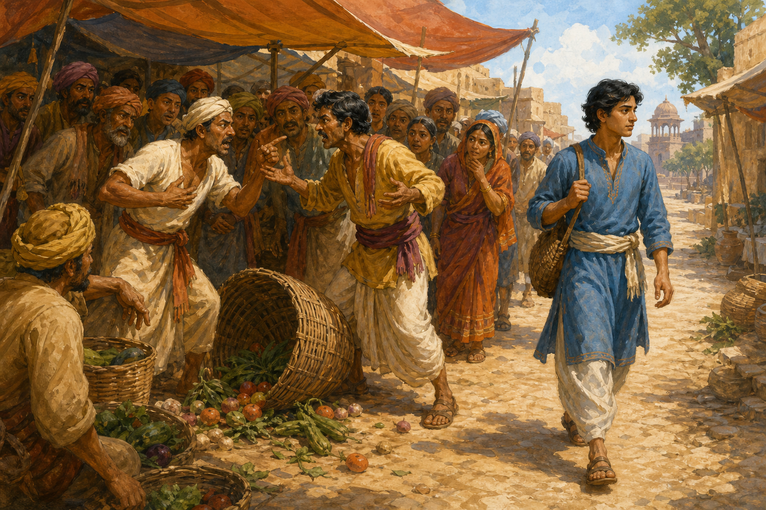 A young man walks away as two people quarrel and a crowd gathers around them in a marketplace.