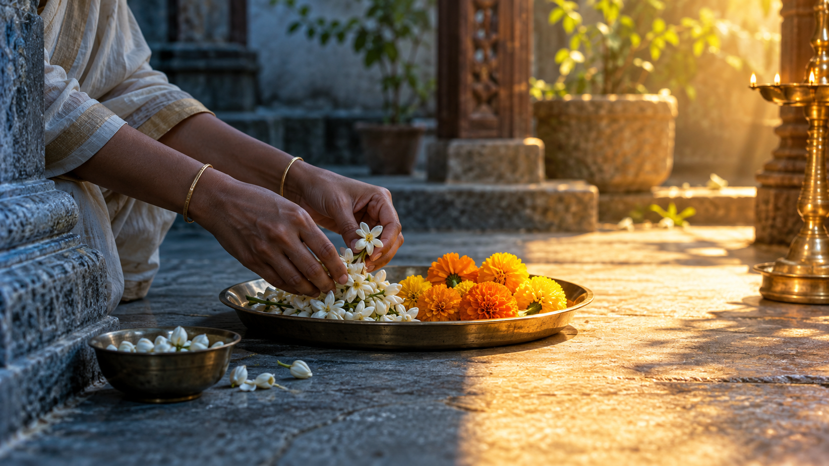A devotee's hands arrange flowers on a brass offering tray crossed by the boundary between morning shade and sunlight.