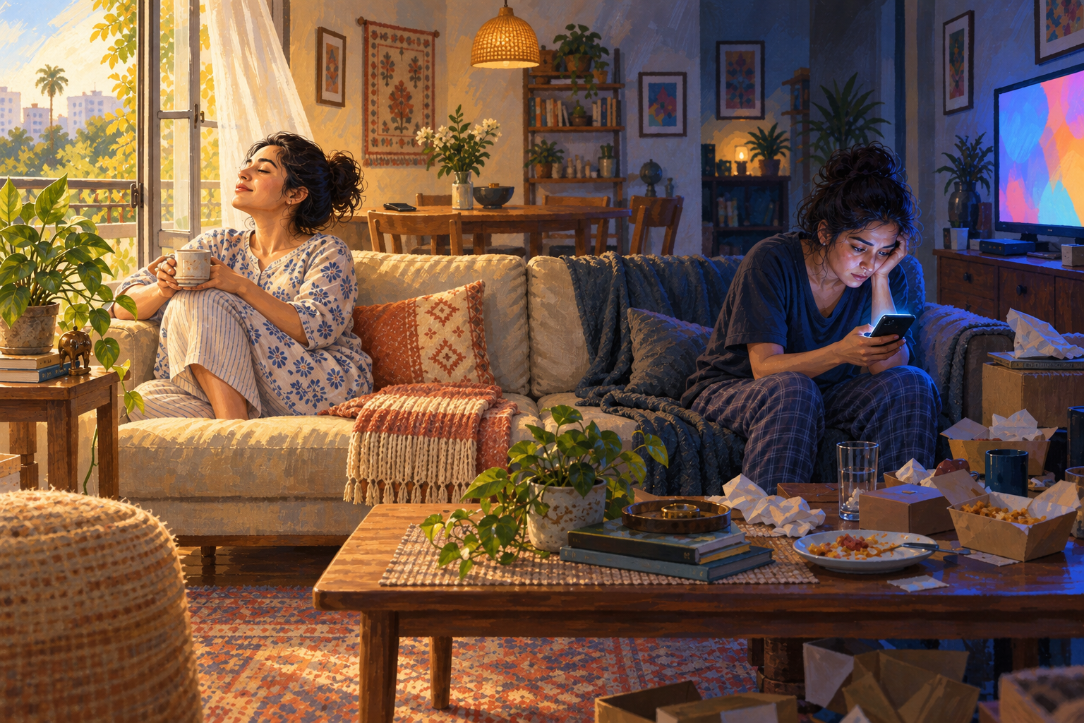 The same person rests by a bright open window on one side of a room and hunches over a glowing phone amid late-night clutter on the other.