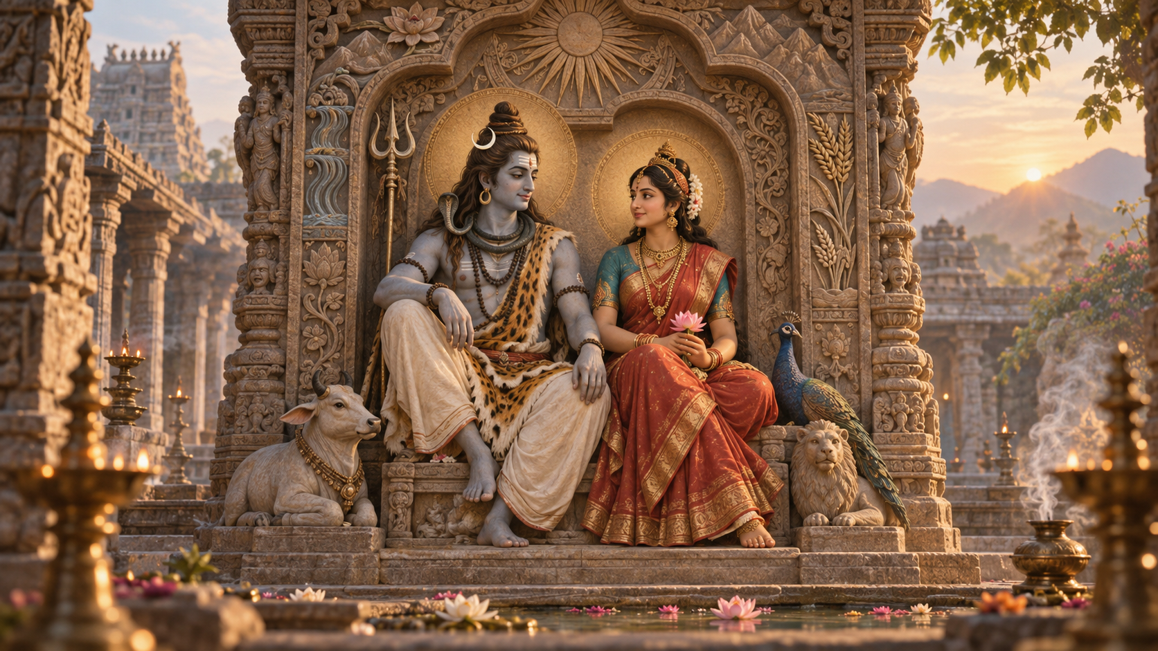 Shiva and Parvati sit as equal figures in a carved temple niche surrounded by lotus, mountain, water, and grain motifs in warm dawn light.