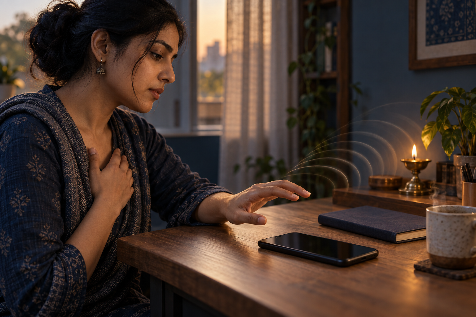 A seated person pauses with one hand hovering above a dark smartphone and the other resting on their chest beside a desk and small oil lamp.