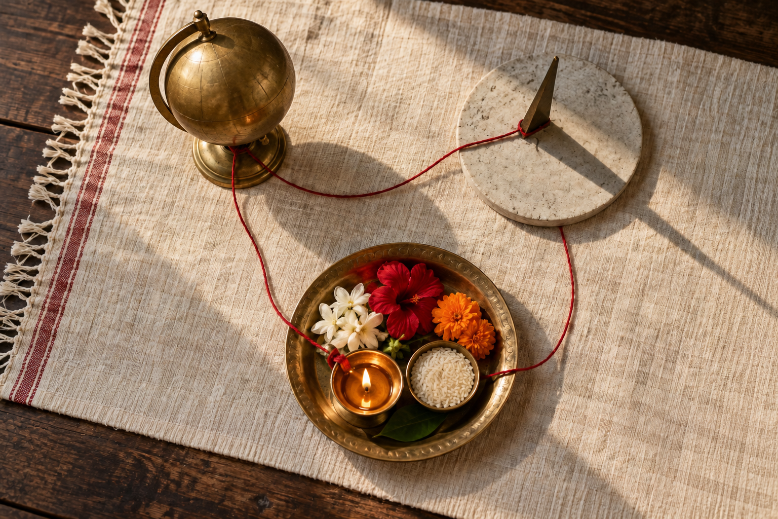 An unmarked brass globe, a sunlit gnomon, and a puja tray are arranged in three groups connected by red thread.